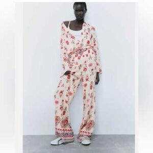 Zara Boho Printed Palazzo Pants Button Up Shirt Pajama Set XS